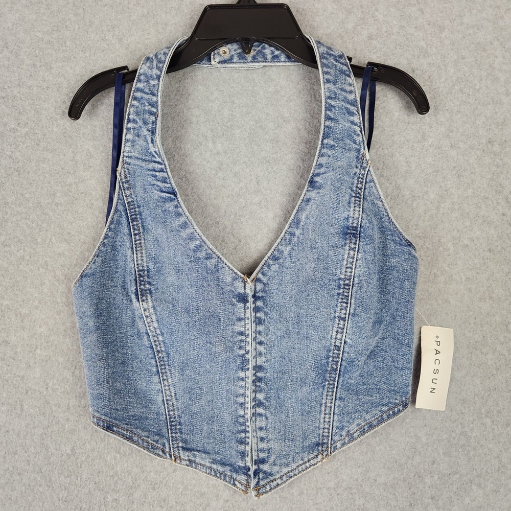 NWT PacSun Denim Vest Womens S Blue Medium Indigo Halter Neck Hook Eye Y2K Retro